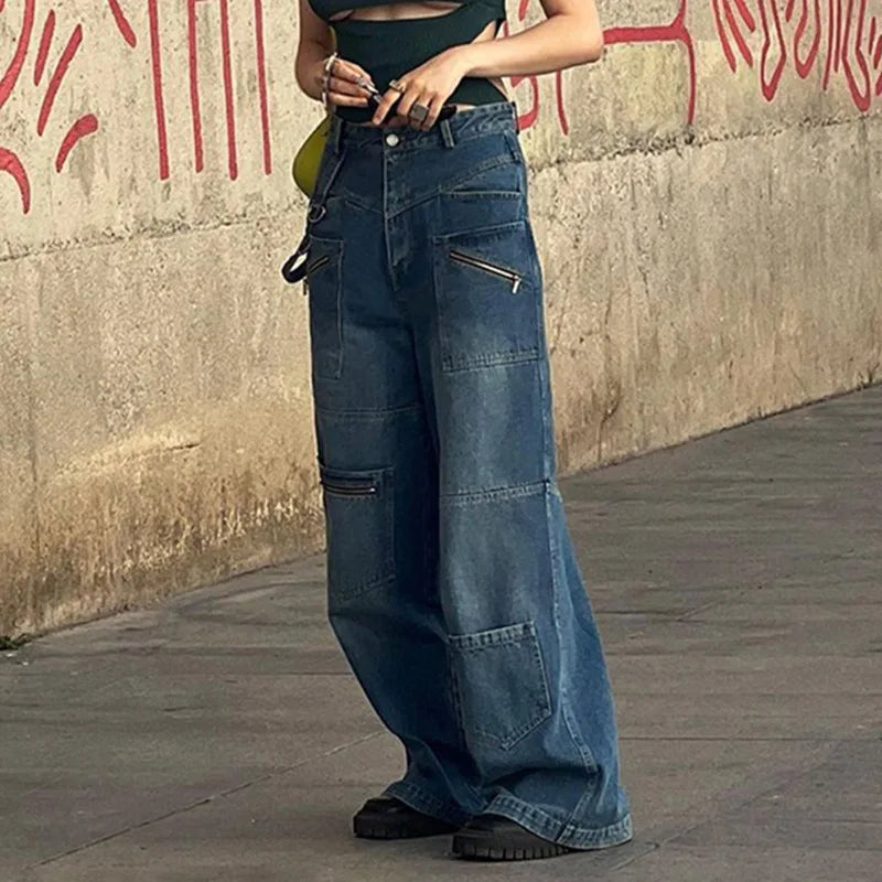 nvxiot - Women's Multi-pocket Distressed Jeans Female Long Pants Straight Wide-leg Zipper Streamer denim trouser Spring New Fashion 2024