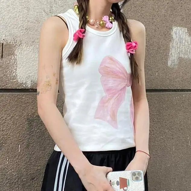 MQTIME - Bow Graphic Print White Tank Top Sleeveless Vest T-Shirt Women Summer T Shirt e-girl harajuku fairycore 2000s y2k tee aesthetic