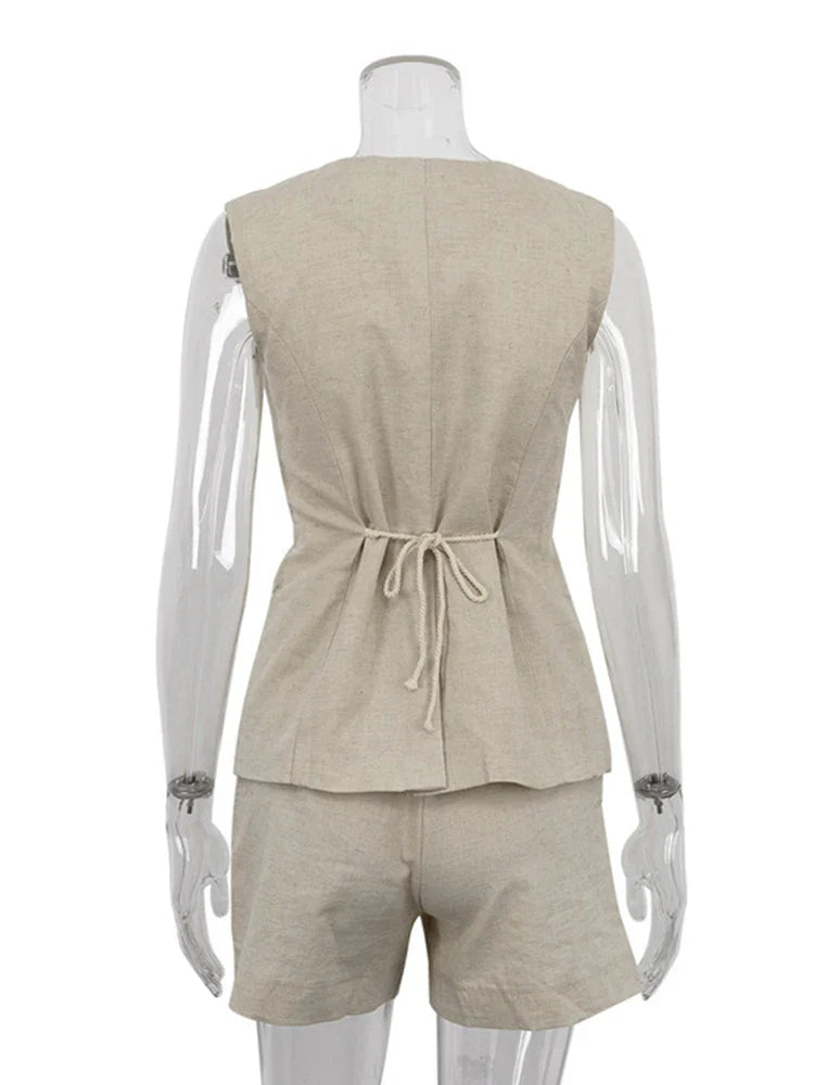 MQTIME - 2024 Spring Summer Women Office Linen Shorts Set Sleeveless V-neck Outfit Solid Khaki 2 Piece Matching Sets For Women