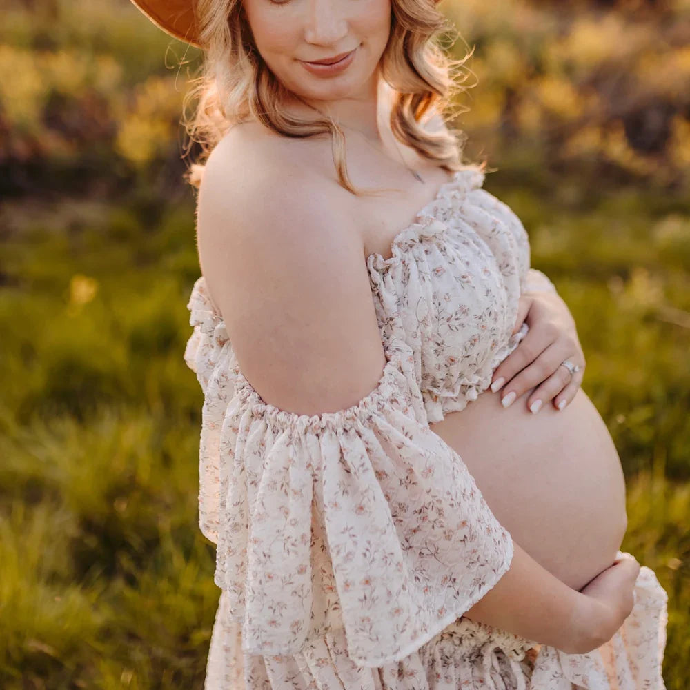 nvxiot - Maternity Photography Dress Elegant Floral chiffon Two-Piece Dress Photoshoot Photography Dress For Women Baby Showers