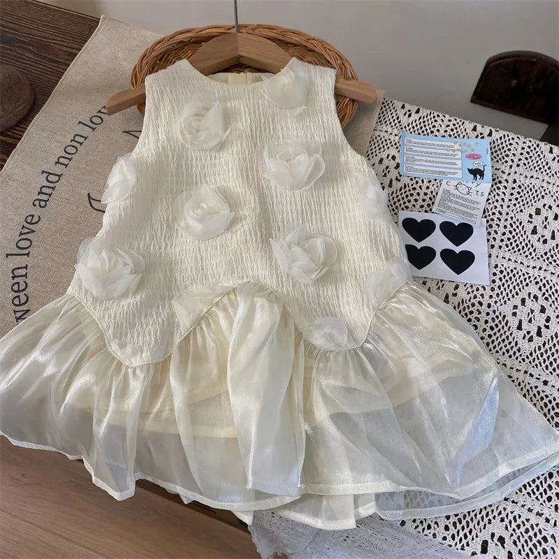 MQTIME - 2024 Summer Young Baby Girl Sundress Cotton 3D Rose Toddler Girl Princess Dress Korean Mesh Spliced Sleeveless Little Girl Dress