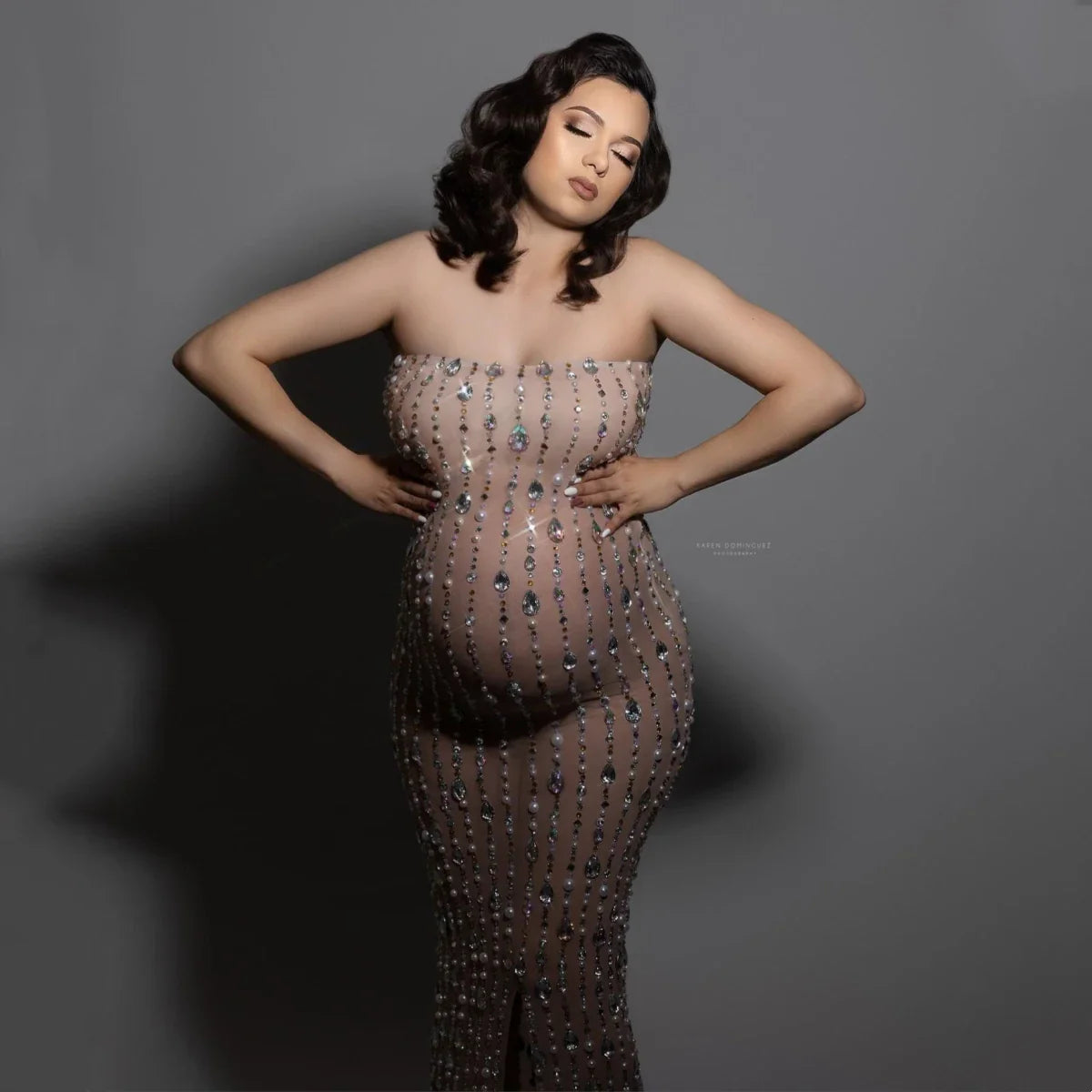 nvxiot - Rhinestone Bandeau Maternity Dress For Photo Shooting See Through Pregnant Woman Photography Outfit
