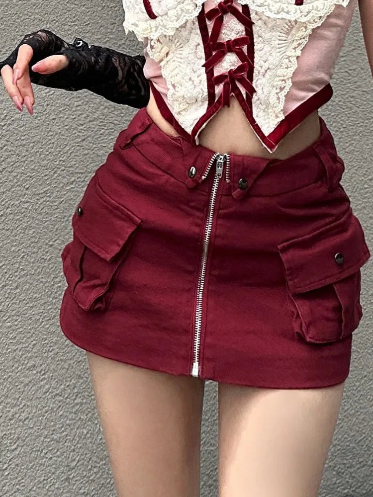 MQTIME - Sexy Red Zipper Mini Skirt Hotsweet High Street Pocket Cargo Skirt Korean Style Design High Waist Slim Skirts for Women