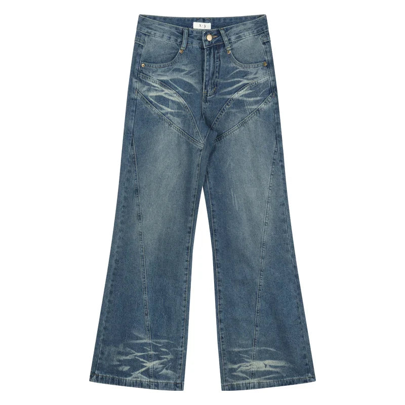 nvxiot Korean Retro Splicing Loose Casual Jeans Y2K Women Autumn New High Waist All Match Washed Denim Wide Leg Pants