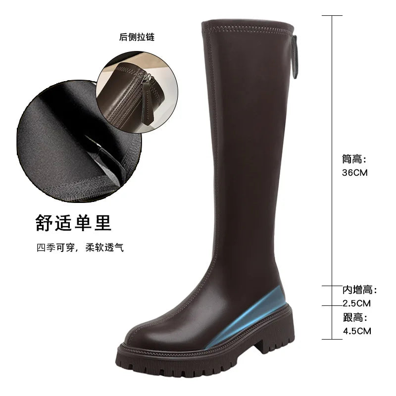 nvxiot - Women's Long Boots Autumn/Winter Thick Sole Round Toe Fashion Versatile Inner Heightening British Brown Knight Boots Women