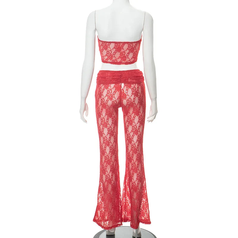 nvxiot - Women Sexy Red See Through Lace 2 Piece Set Strapless Crop Tops Ruched High Waist Slim Flare Pants Fashion Party Clubwear Suits
