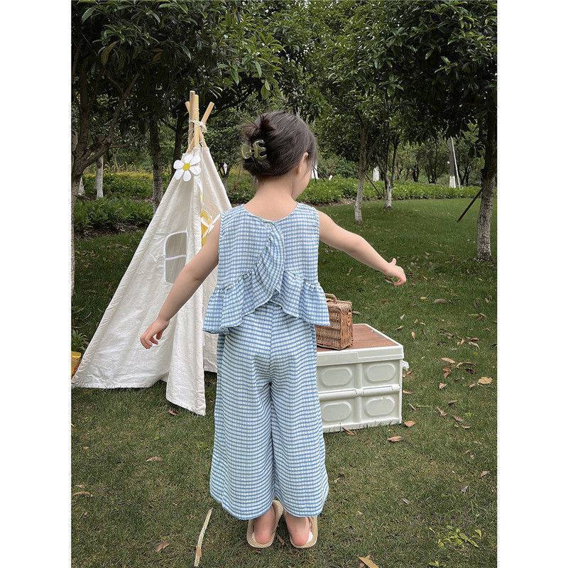 nvxiot 2pc Girls Clothing Set Summer Girls Cute Ruffles Plaid Vest Tops And Wide Long Pants Trousers Set With Pant Children Clothes