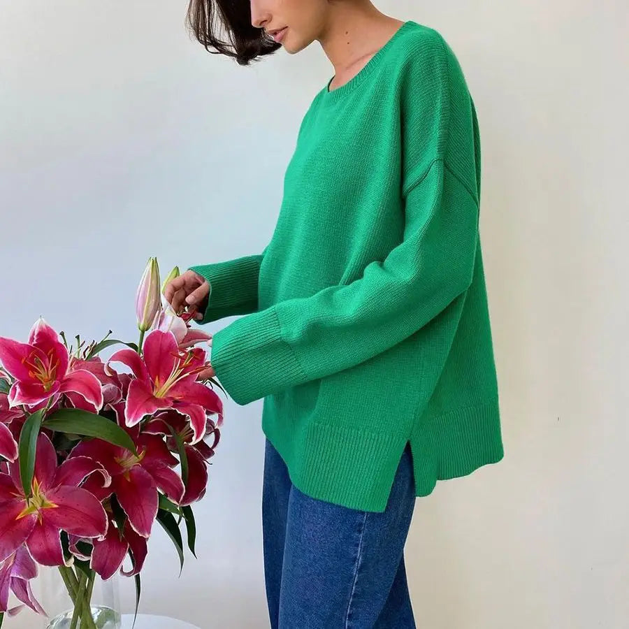 nvxiot Blue Basical O-Neck Slit Sweater Knitwear Women Autumn Long Sleeve Knitted Pullovers Loose-fit Casual Jumpers Clothing