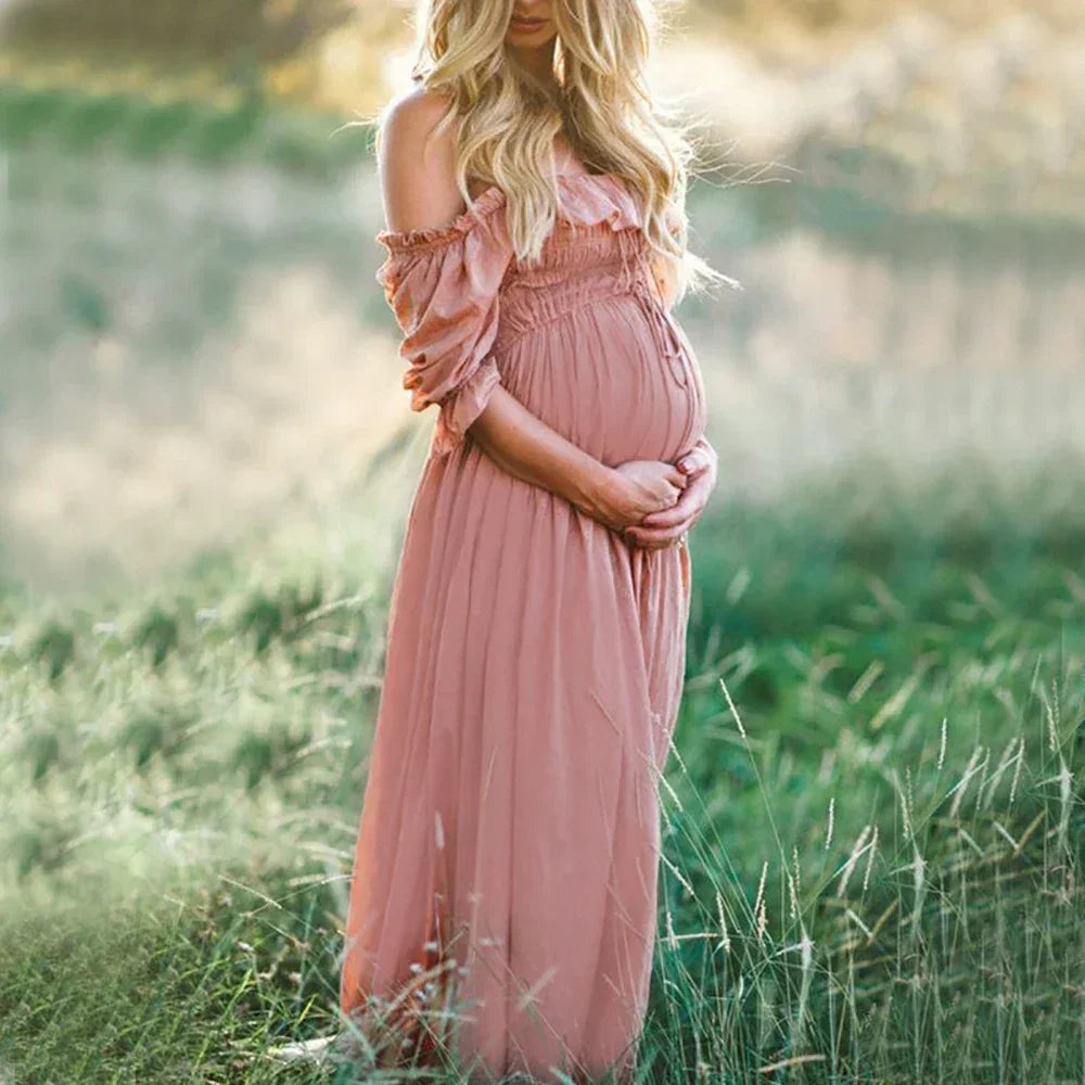 nvxiot - Pink Ruffle Off Shoulder Boho Photoshoot Pregnant Pregnancy Baby Shower Photography Maternity Clothes Maxi Dress For Women