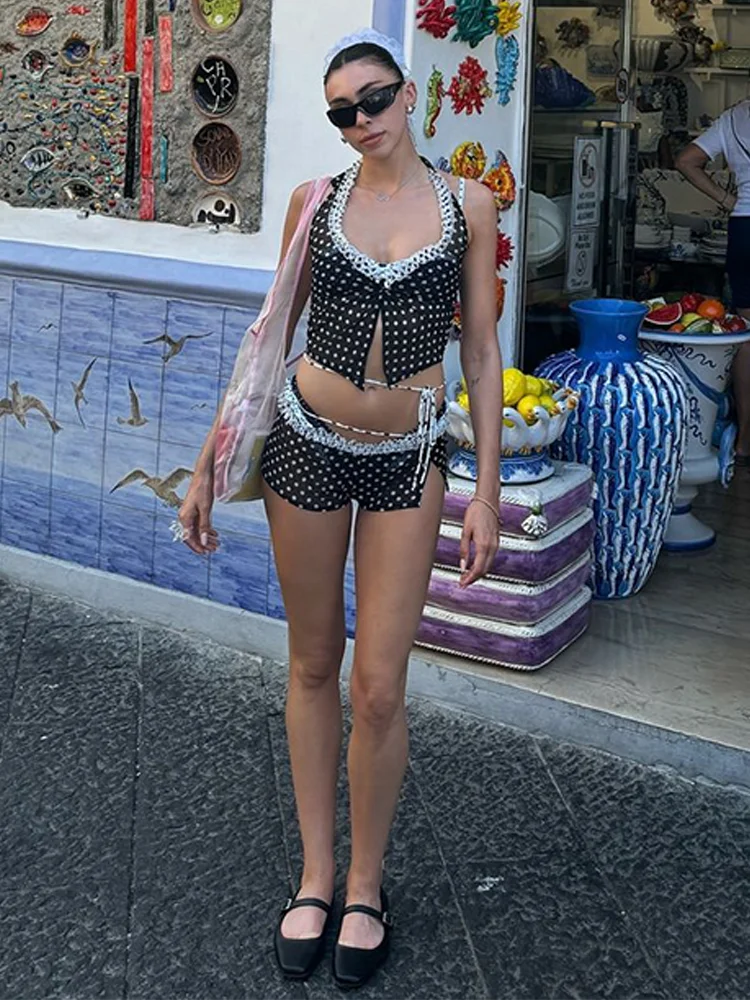 nvxiot - Y2K Polka Dots Short Skirt Sets For Women New In Matching Set Kinked Crop Tank Top Low Rise Lacing Hot Shorts Swimwear