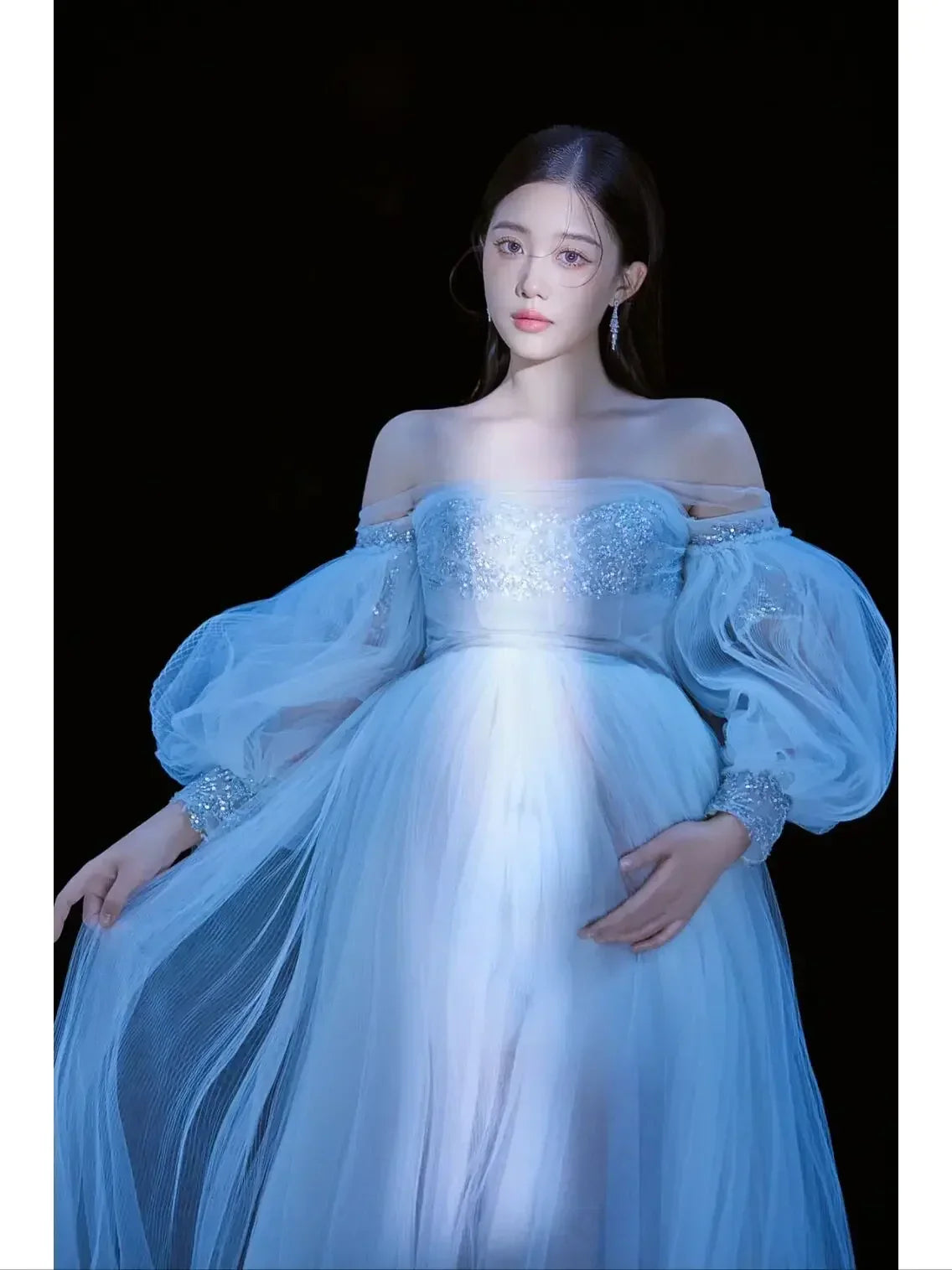 nvxiot - Women Photography Props Handmade Off-shoulder Maternity Dresses Perspective Pregnancy Dress for Studio Shoot