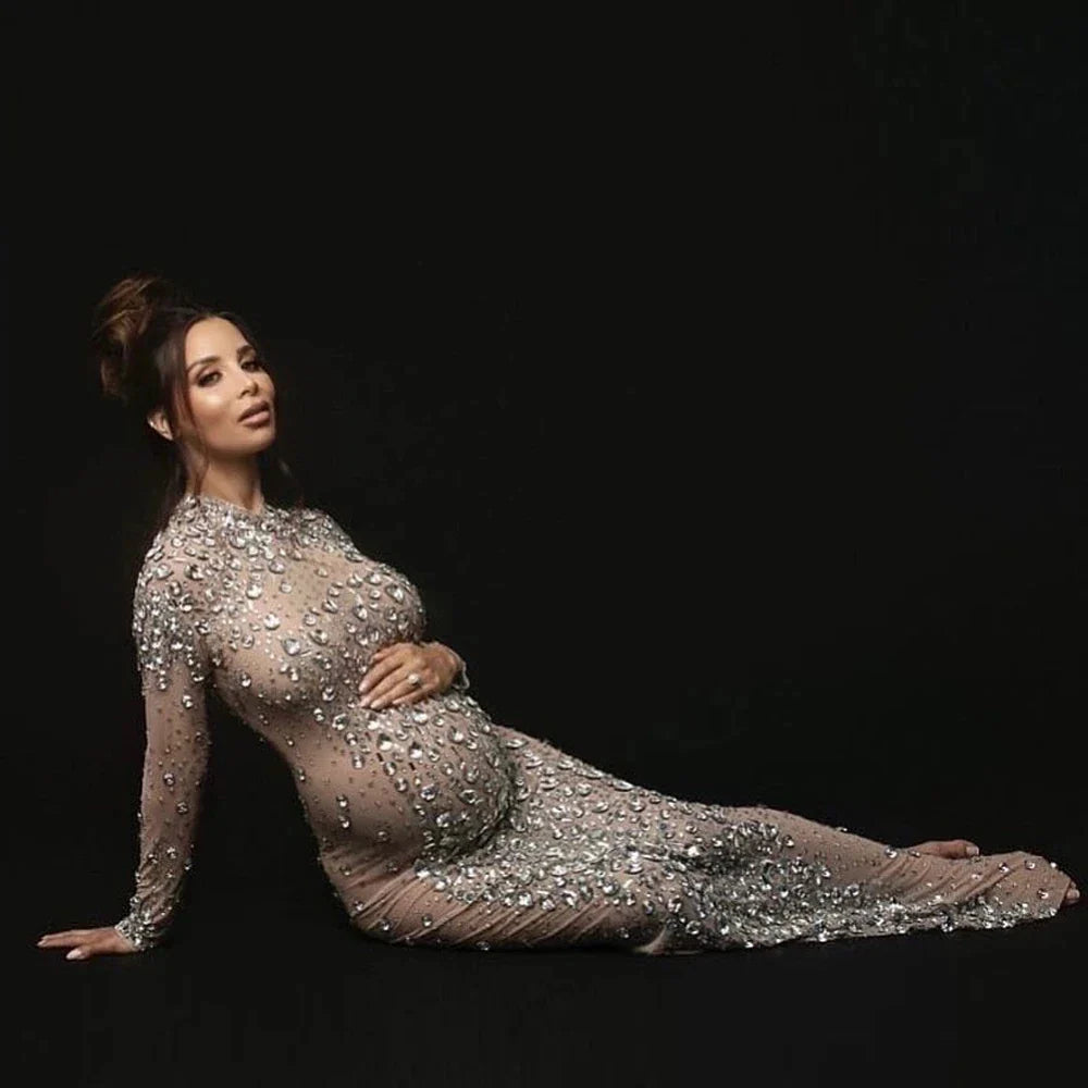 MQTIME - Maternity Photography Gown Sexy Goddess Party Dress Bright Diamond Stretch Fabric Dress For Pregnant Woman Photo Shoot Props