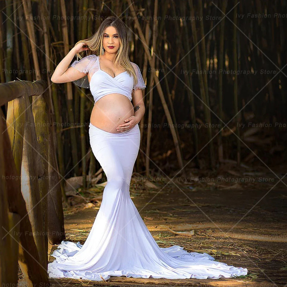 nvxiot - Maternity Photography Gown Two Piece Stretch Cotton Oversized Floor Sweeping Skirt Photo Shoot Dress For Pregnant Women