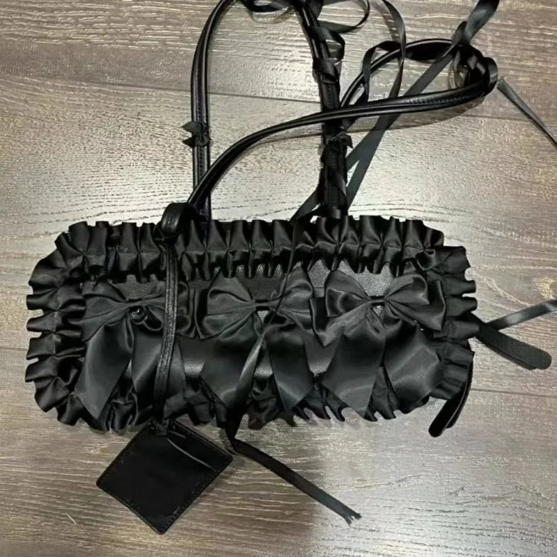 nvxiot - Pure Black Handbags for Women Elegant Y2k Fashion Bow Casual Shoulder Bag All-match Luxury Designer New Ladies Boston Bag