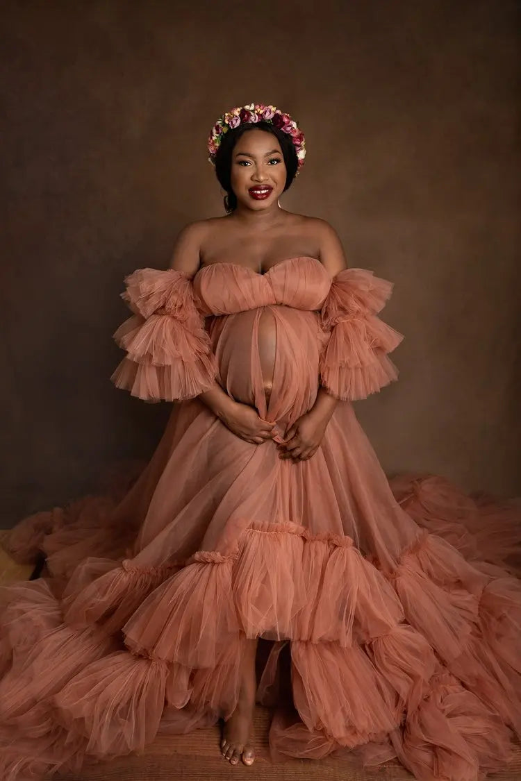 nvxiot - Elegant Tulle Cardigan Maternity Dress For Photoshoot Long Pleated Hem Detachable Sleeves Pregnant Women Dress For Wedding Guest