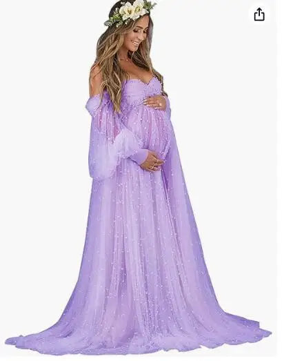 nvxiot - Pearl Tulle Maternity Dress for Photoshoot Long Puffy Sleeve Off Shoulder Babyshower Bridal Pregnancy Gowns