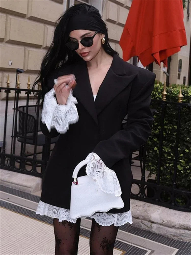 nvxiot - Fall Outfits 2024 Elegant Lace Fashion MIni Dress Women's Suit V-Neck Patchwork Long Sleeve Commute Y2k Party Dress Female Autumn Dress 2024