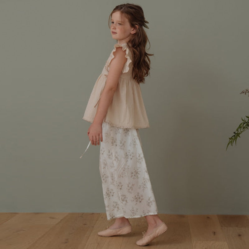 nvxiot Vintage 100% Linen Flower Print Girls Wide Leg Pants 2022 Summer New Children's Elastic Waist Casual Loose Trousers TZ080