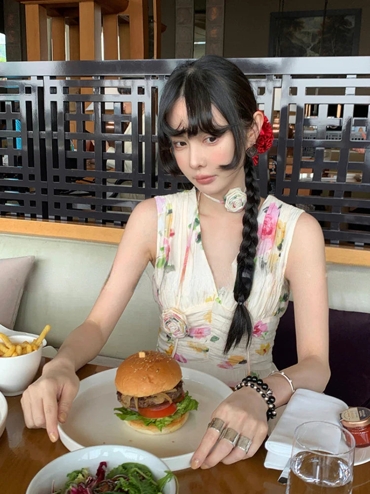 MQTIME - Summer Woman Holiday Dress Elegant Floral Midi Dress Beach Style Sexy Sleeveless Dresses Harajuku Outwear Korean Fashion Dress