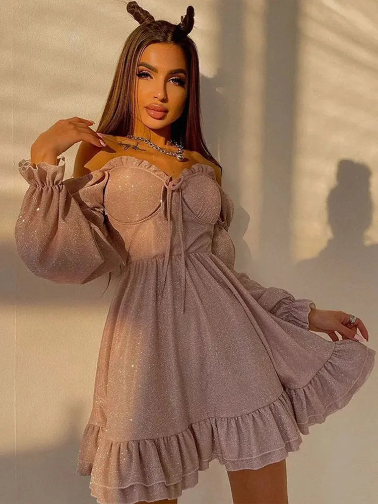 nvxiot Elegant Solid Slim Pleated Dresses For Women Casual A Line Lace Up Long Sleeve Robes Fashion Autumn Club Party Vacation Dress