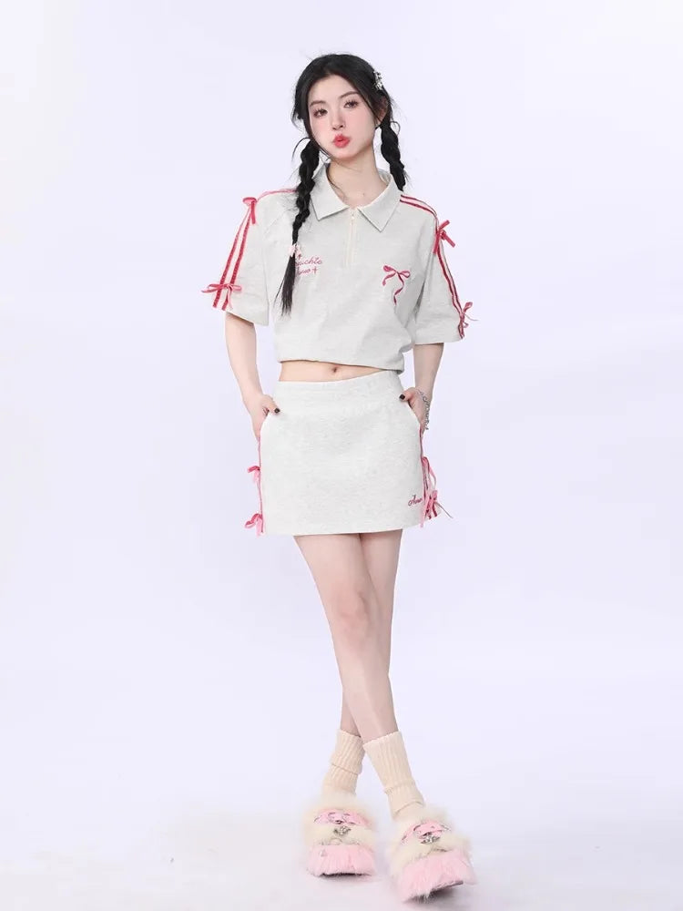 MQTIME - Sports Tennis Skirt for Women Embroidery Letter Mini Skirts with Bow Striped High Waist Hip Wrap Skirt Summer Slim Chic