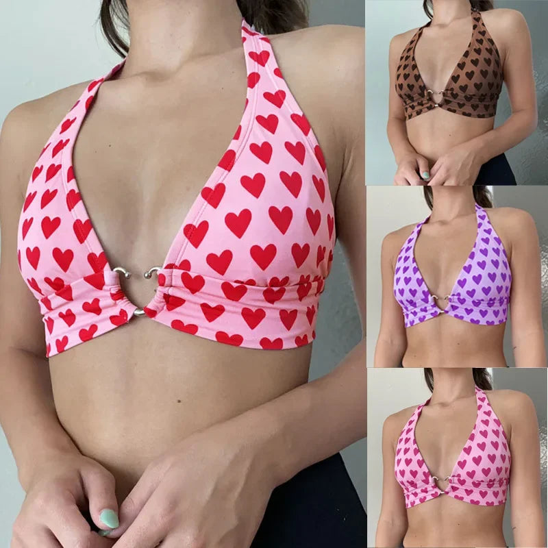 MQTIME - Pink Heart-shaped Printed Cute Cut Y2K Top for Women's Beautiful Kawaii Clothing Sleeveless Backless Lace Up Bra Vest MYQH13