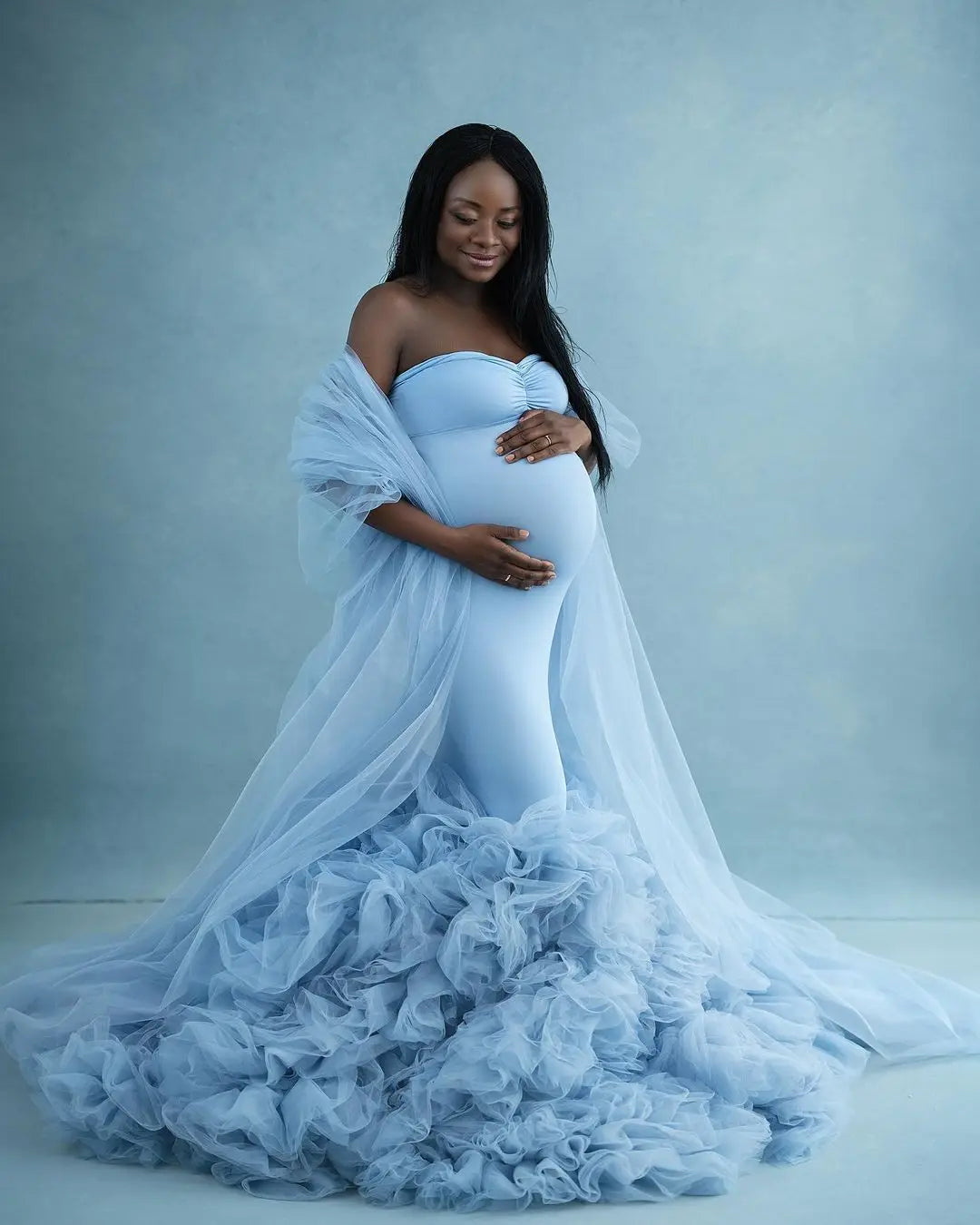 nvxiot - Stretchy Satin Tulle Mermaid Maternity Photoshoot Dress Off-shoulder Pregnancy Gown for Wedding Guest Baby Shower Robe