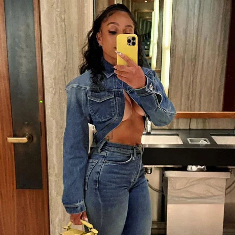 nvxiot - Women Jeans Cardigan Turn Down Collar Long Sleeve Pockets Single Button Short Denim Jackets Crop Tops Female Casual Coats