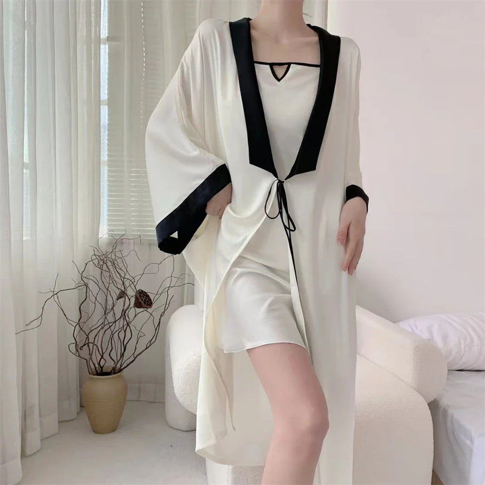 MQTIME - 2 Pieces Home Clothing Women Pyjamas Sets Faux Silk Pajamas Sleepwear Sets Bath Gown Robe