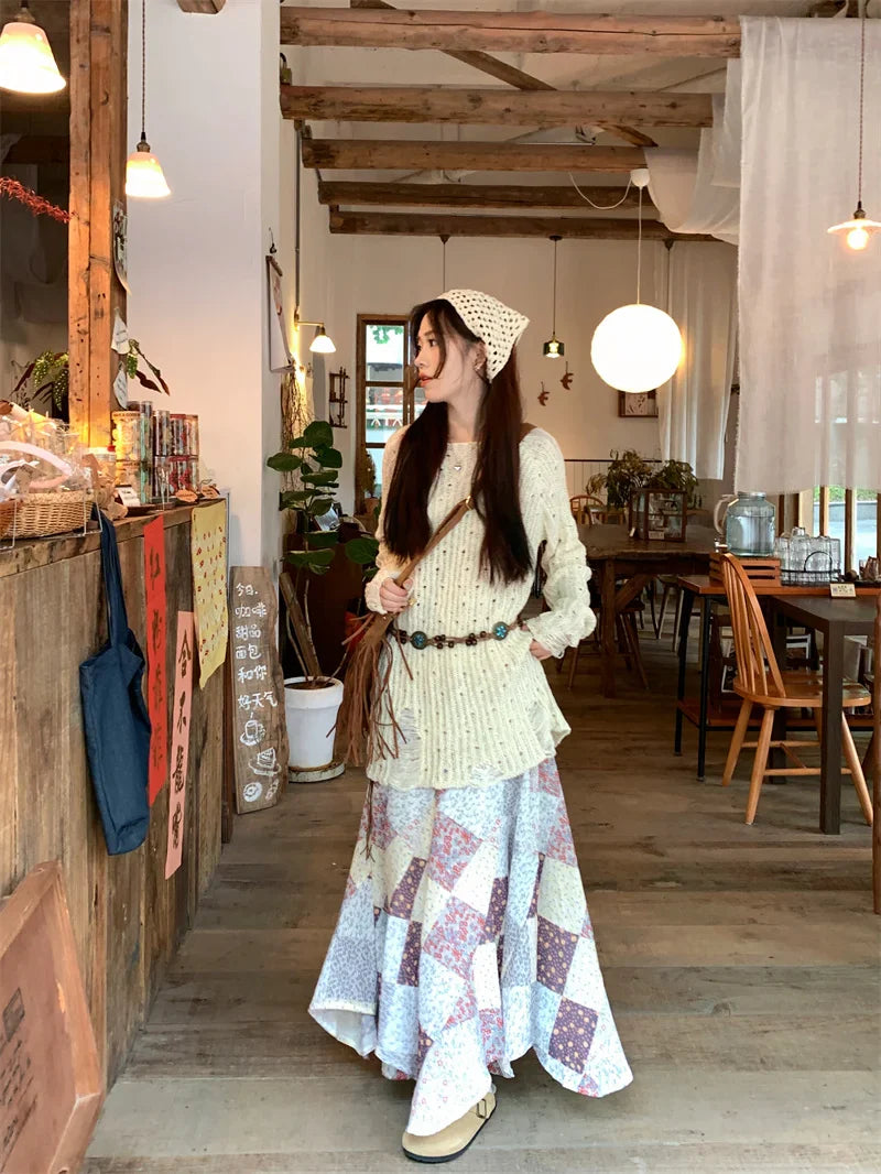 MQTIME - Chiffon Flower Plaid Skirt Midi Long Skirts Elastic Waist Women #e-girl fairycore 2000s aesthetic korean cloth boho holiday cute