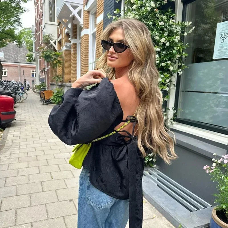 nvxiot - Embroidery Lace Up Puff Sleeve Shirts Women Loose Solid Female Blouses 2024 Summer Fashion Elegant Square Collar Lady Slim Tops