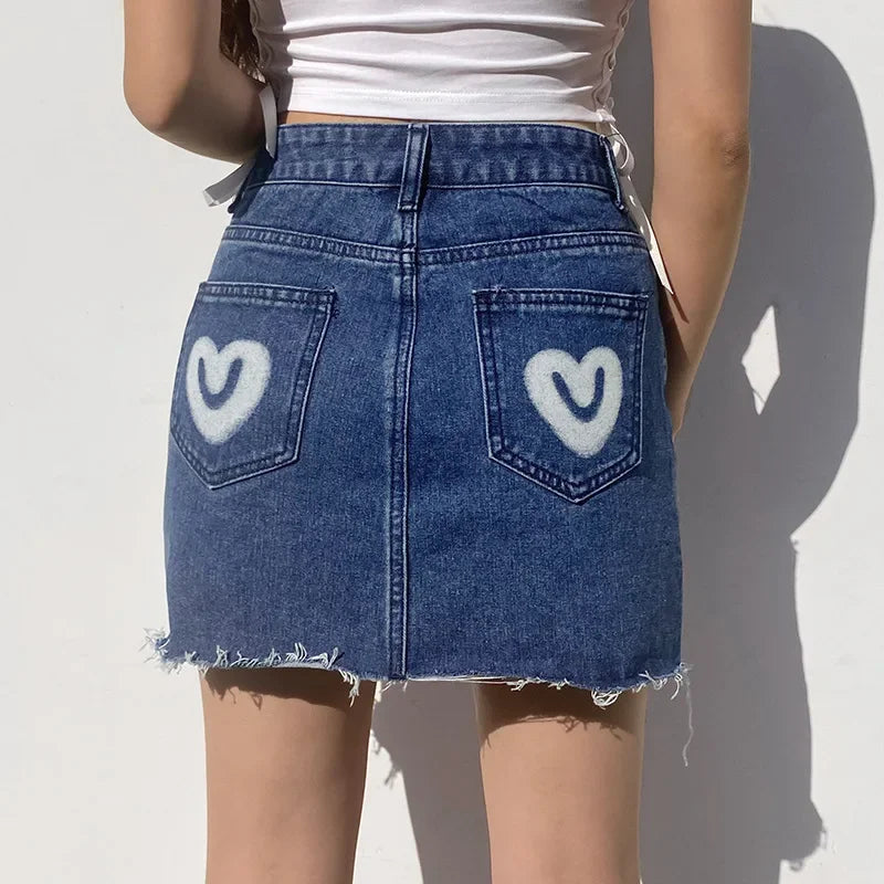 MQTIME - Y2k Vintage Party Club Streetwear Mini Skirts Bodycon Clothes 2024 Fashion Harajuku Women Lovely Heart Print A Line Denim Skirt
