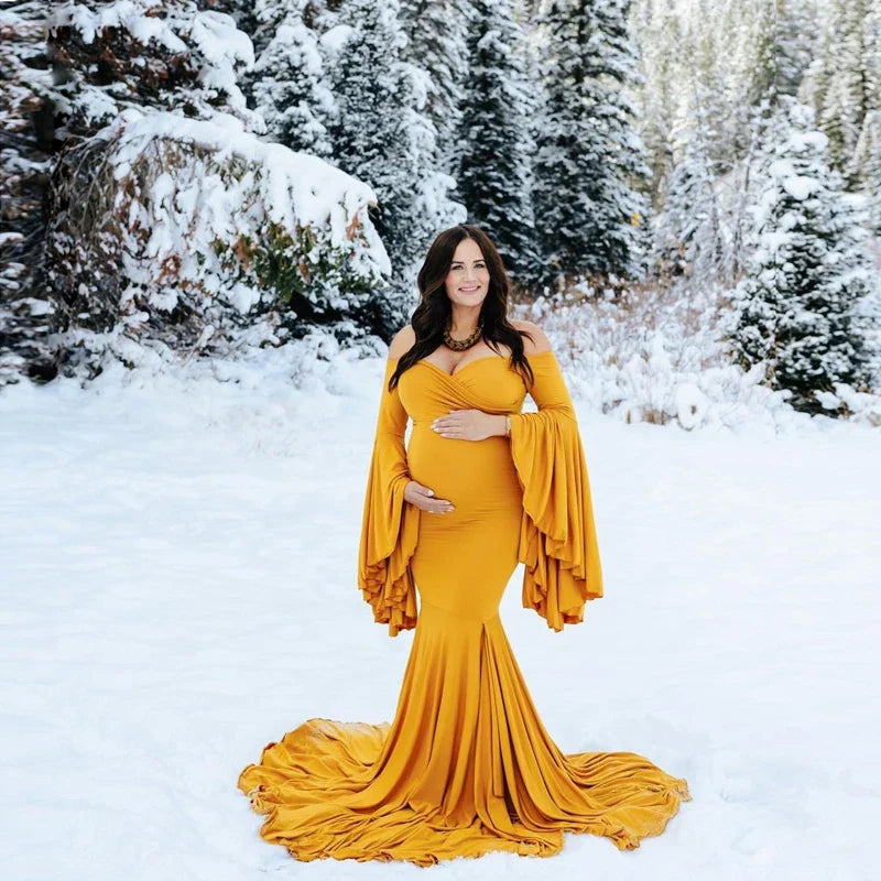 nvxiot - Silk Cotton Maternity Photography Dresses Solid V-neck Ruffle Edge Sleeve Taildress Long Soft Cozy High Waisted Retro Long Dress