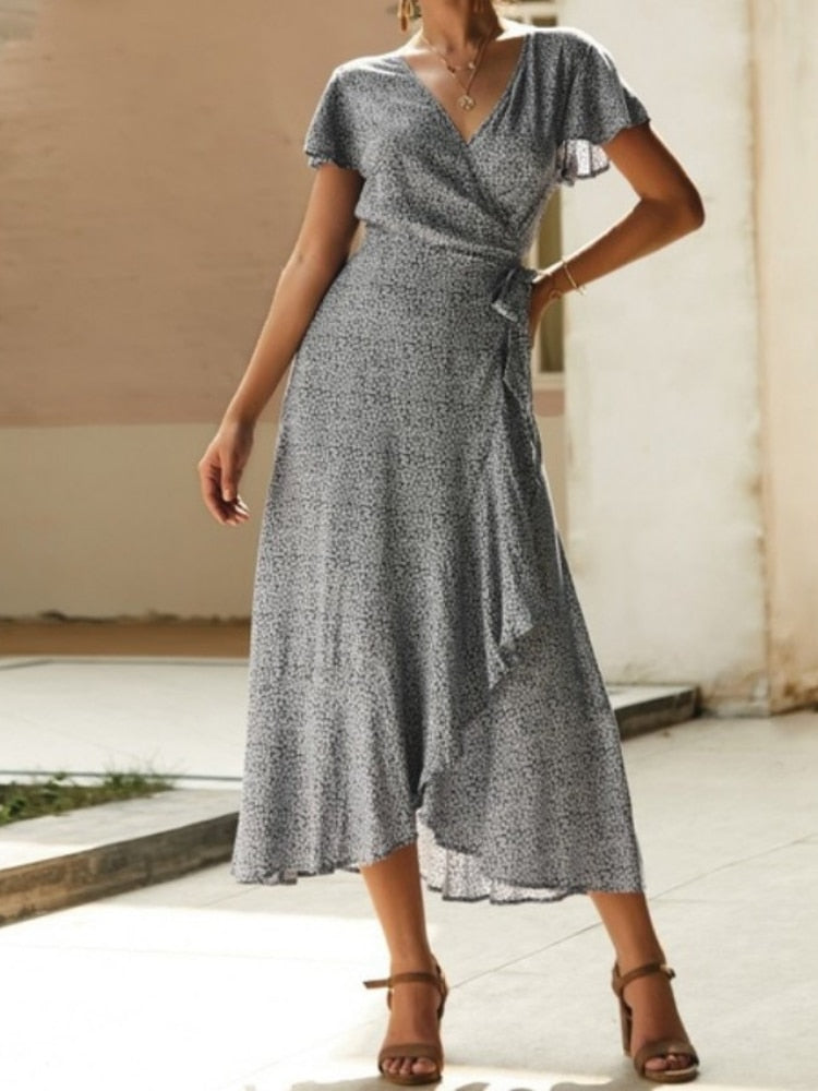 nvxiot New In Dresses Summer Dress for Women 2023 V-neck Floral Short Petal Sleeve Long Dress Beach Dress Women Clothing Streetwear
