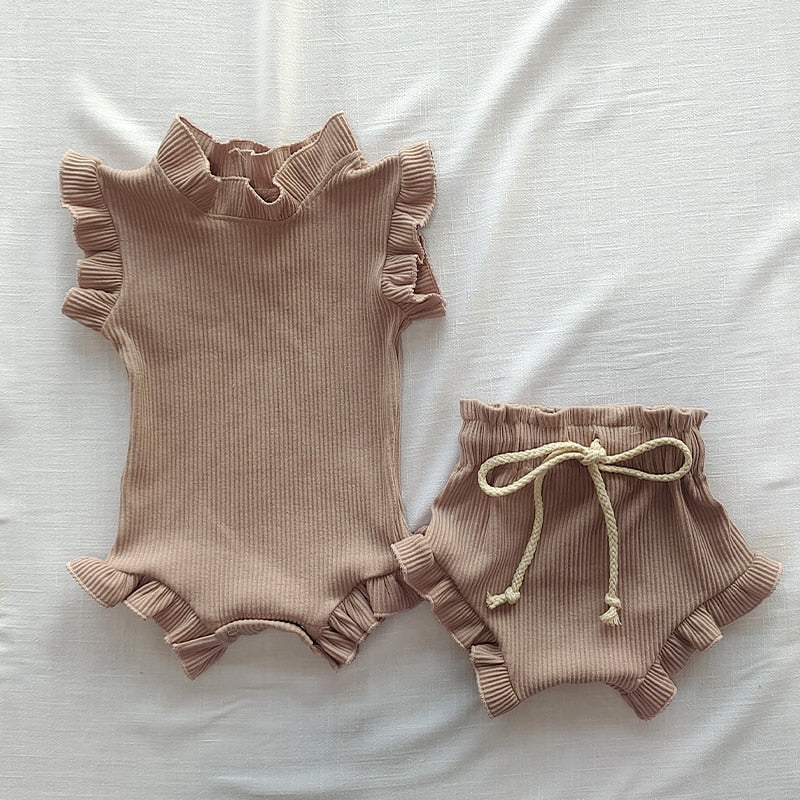 nvxiot 2Pcs Infant Baby Girl Clothes Set Waffle Cotton Ruffle Newborn Vest Romper Tops Bloomer Shorts Suit Baby Summer Outfits Clothing