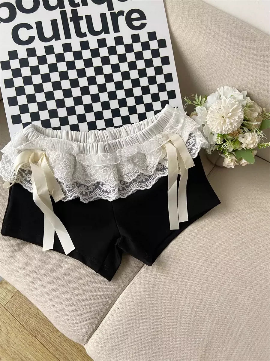 nvxiot - Lace Patchwork Black Shorts Women Bow Elastic Waist Sexy Girl Tight Short Pants Summer Ballet Style Chic Kawaii Clothes