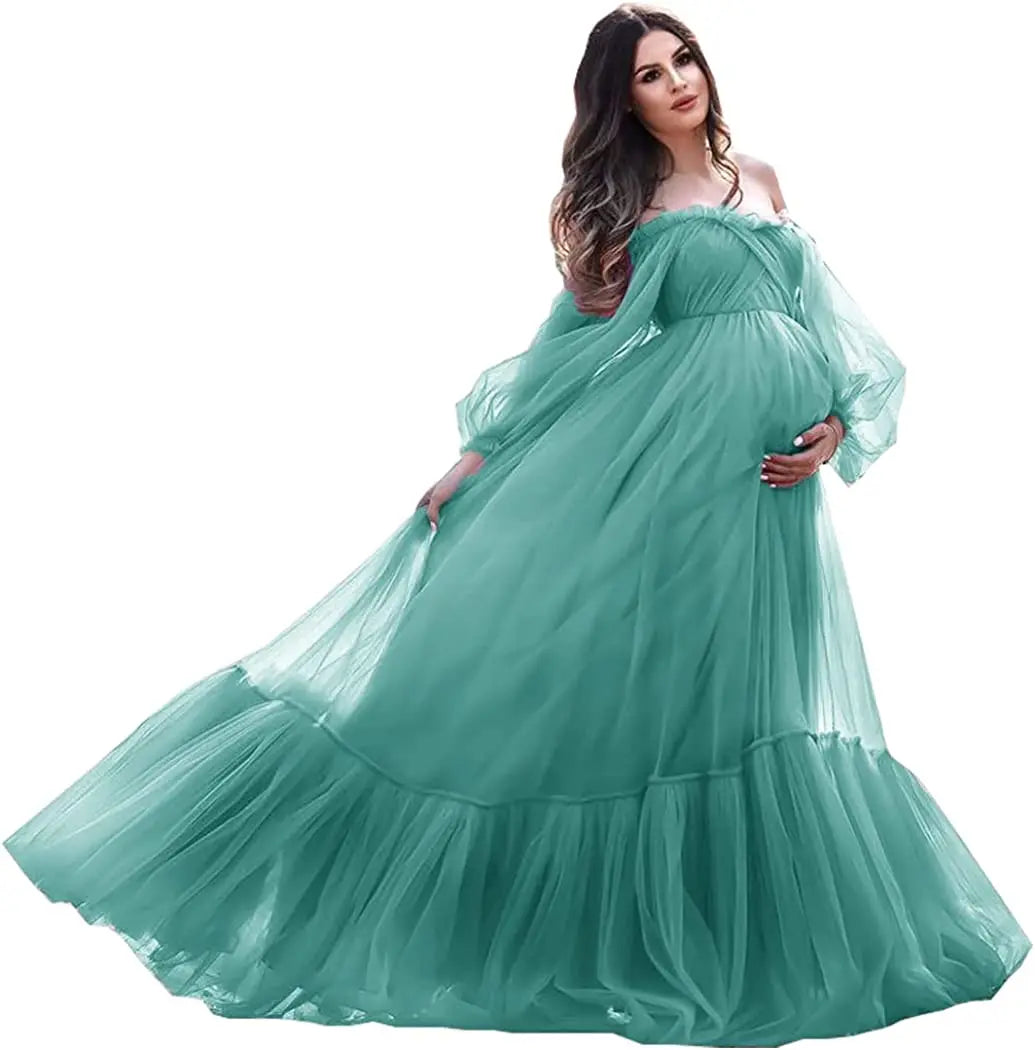 nvxiot - Puffy Sleeve Maternity Dress Tulle Robe With Underskirt for Photoshoot Off Shoulder Pregnancy Baby Shower Gown