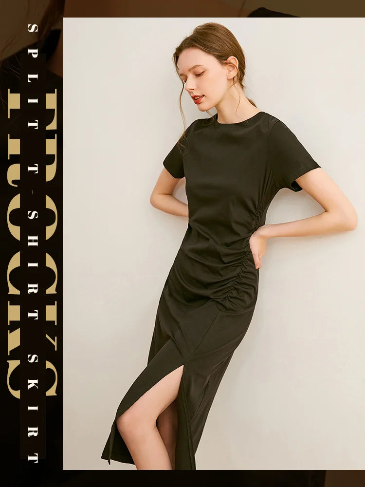 MQTIME - Country Pleated Split T-shirt Dress Women's Summer Design Sense Summer Long Covering Fleece Waist Shrinking Skirt