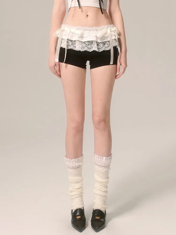 nvxiot - Lace Patchwork Black Shorts Women Bow Elastic Waist Sexy Girl Tight Short Pants Summer Ballet Style Chic Kawaii Clothes