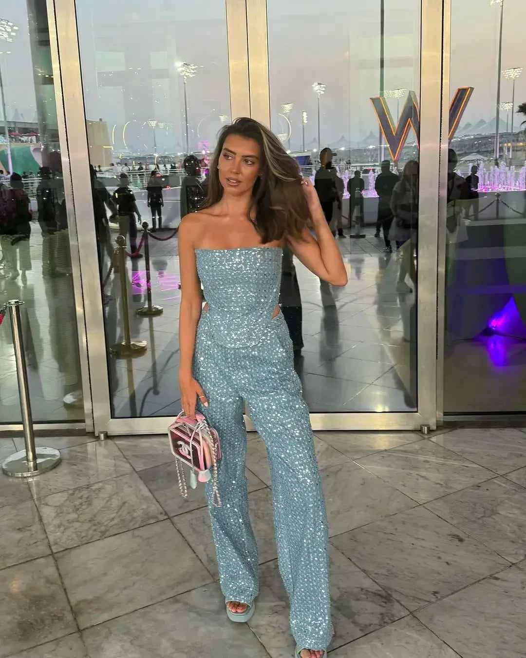 MQTIME - Fashion Sequins Denim Set Women Strapless Tunic Waist Crop Top and Wide Leg Pant Suit 2024 New 2 Piece Sets Outfits Tracksuit