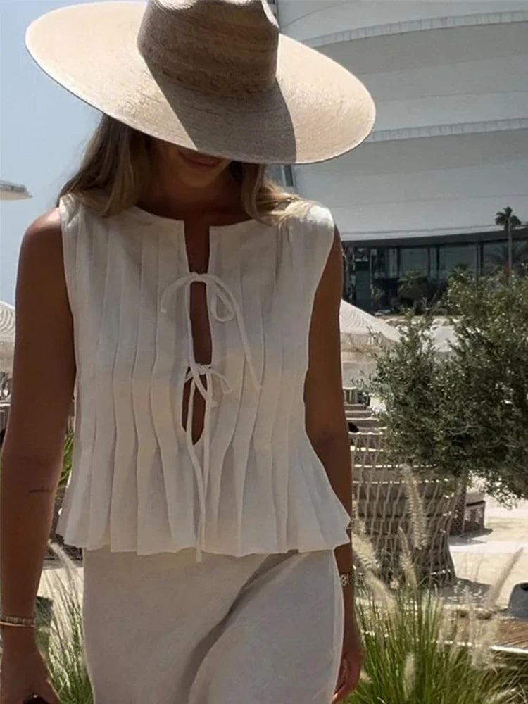MQTIME - Pleated White Lace Up Tank Top Long Skirt Suit Women Elegant O-neck Sleeveless Tops Skirts 2 Pieces 2024 Summer Lady Streetwear