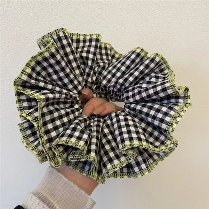 nvxiot - Lace Large Intestine Hair Scrunchies Women Double Layer Plaid Cotton Elastic Headwear Fashion Styling Sweet Hair Accessories