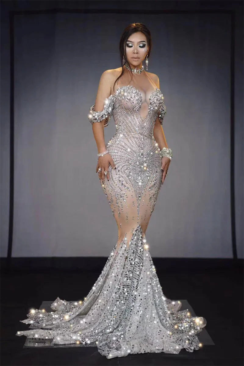 nvxiot - New Arrivals Elegant Shiny Rhinestones Off Shoulder Sexy Maternity Shoot Dress Sequin Fishtail Robe De Soiree