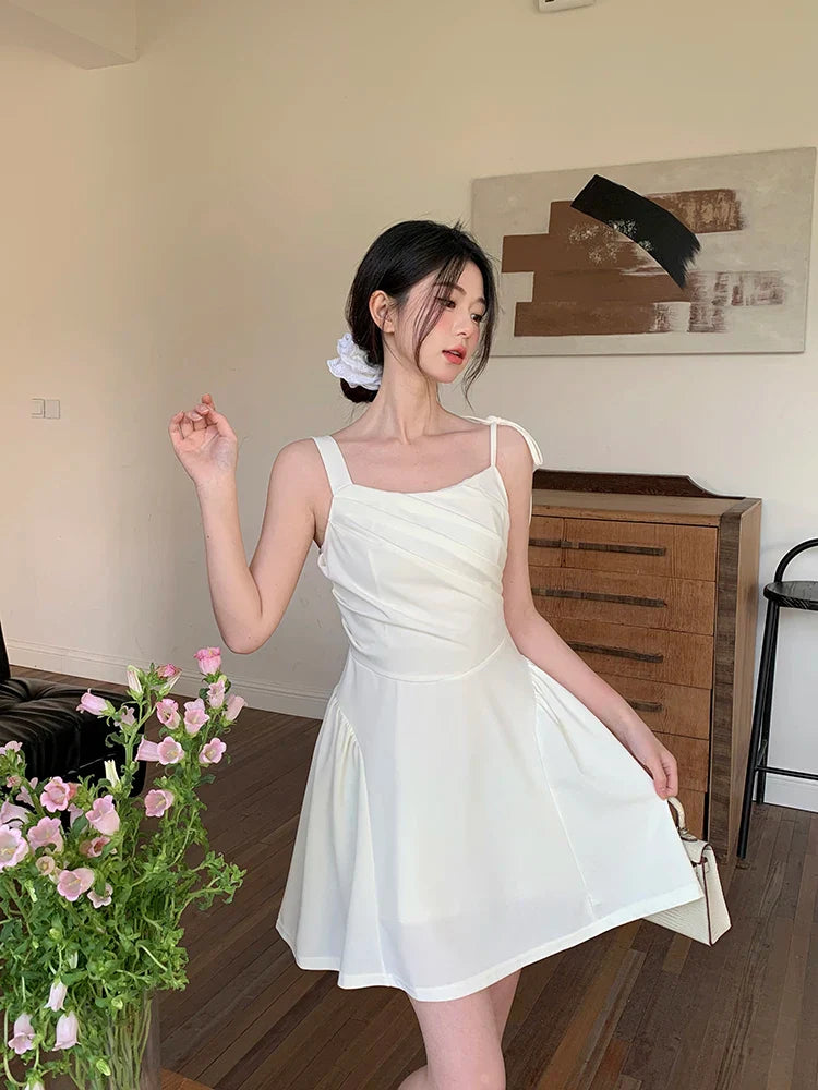 MQTIME - 2024 Summer New Design Sense Large Sling Dress Solid Color Versatile Sleeveless Pleated Long Short Skirt for Women
