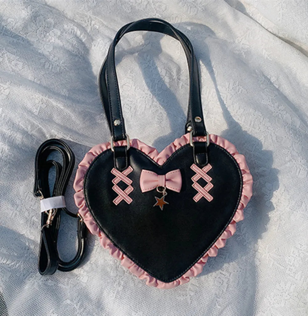 MQTIME - Lolita Kawaii Love Bow Knot Heart Purses Handbags Women Lolita Shoulder Bag Stitching Color Leather Japanese Handbag New
