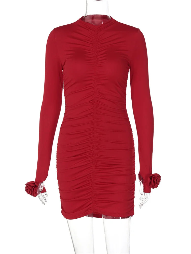 nvxiot - Floral Slim Pleated Mini Dress Women's Long Sleeve High Waist Solid Casual Sexy Y2k Dress Female Autumn Clothes Mini Dress