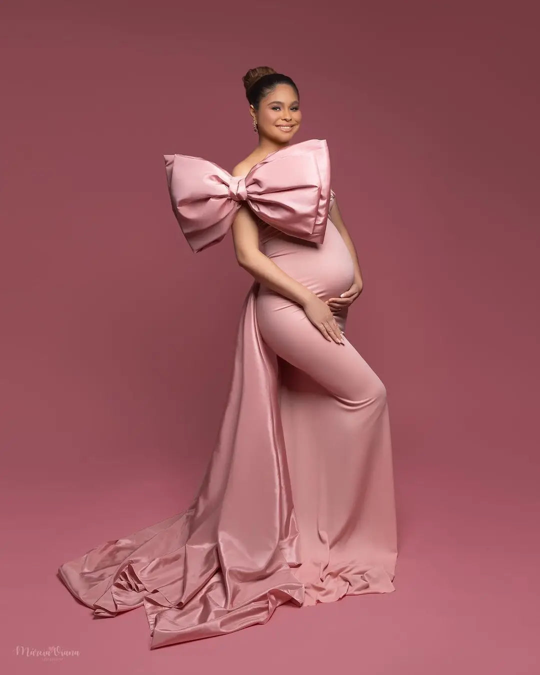 nvxiot - Pink Bow Wedding Maternity Dress for Photoshoot Plus Size Pregnancy Baby Shower Photography Gown for Wedding Guest Custom #18457