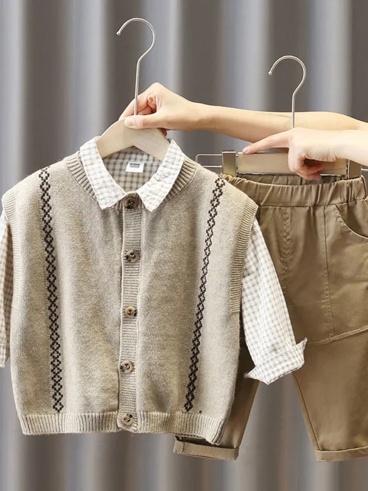 nvxiot Baby Spring Plaid Set New Boy Korean Vest Sweater + Shirt + Jeans Three-piece Sets Baby Toddler Handsome Fall Clothes Suit