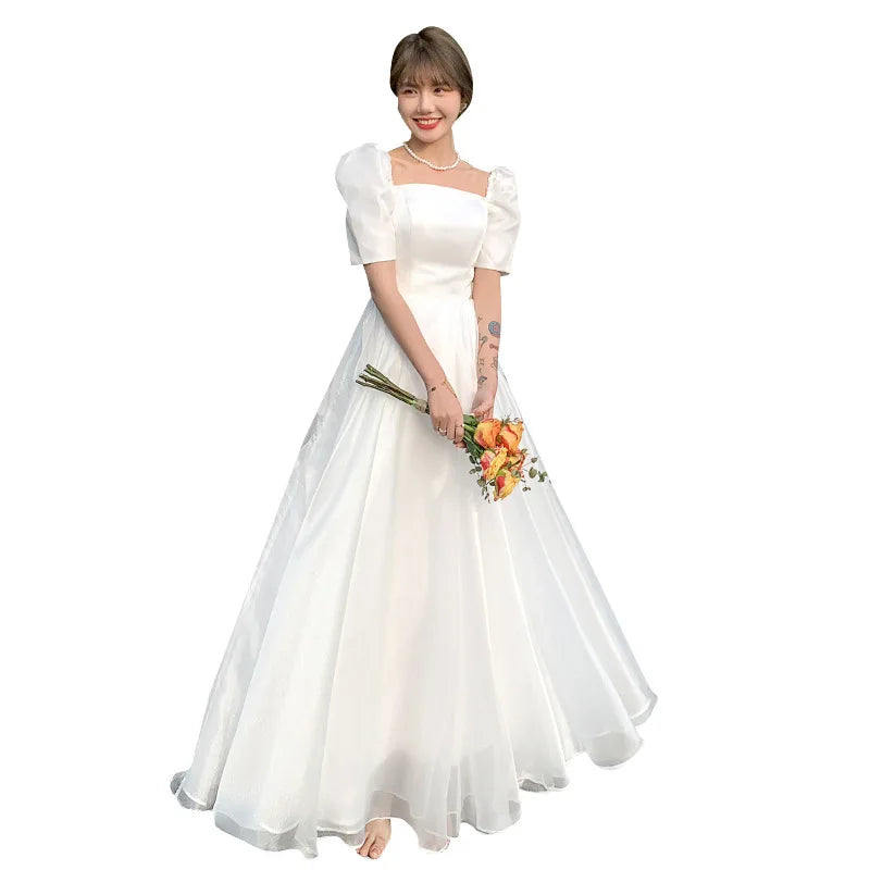 MQTIME - Wedding Party Dress Puff Sleeves French Style Simple Square Collar Dreamy Evening Dresses Grace Romantic Gentle Fashion Gown New
