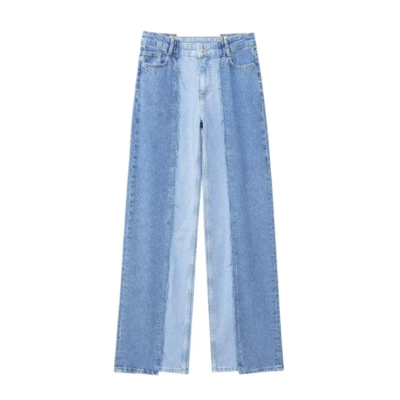 nvxiot - Women's 2024 Summer New Fashion Trendy High Street High Waist Contrast Color Splicing Straight Leg Jeans 5862/072